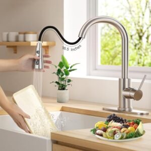 Stainless Steel Single Handle Spring Kitchen Sink Faucets with Sprayer,Contemporary Kitchen Faucet with Pull Down Sprayer, with Deck Plate (Brushed Nickel)