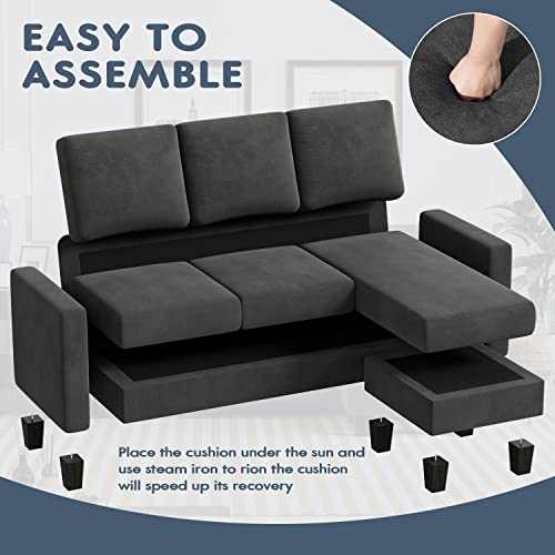 Acurax Convertible Sectional Sofa Couch, L-Shaped 3 Seat with Linen Fabric and Movable Ottoman, for Small Apartments, Living Room and Office, Dark Gray