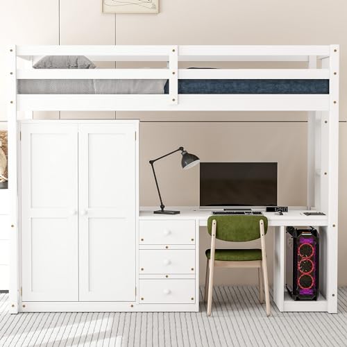 BOVZA Wood Twin Size Loft Bed Frame with Desk and Wardrobe, Built-in Desk with 3 Drawers and Open Cabinet, Twin Loft Bed with Desk and Storage for Kids Teens Adults, White