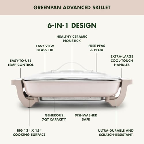 GreenPan Advanced 12” X 15” Electric Skillet with Lid, 7QT Capacity for Family Meals, Healthy Ceramic Nonstick PFAS-Free Coating, Fry, Sauté, Steam, Simmer, Sear, Stir Fry, Dishwasher Safe, Clay