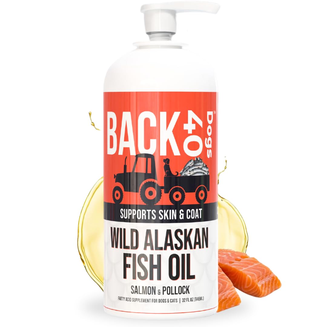 BACK 40 Dogs Wild Alaskan Fish Oil for Dogs, Skin and Coat Supplement for Dogs & Cats, Omega-3-Rich Salmon and Pollock Oil, EPA & DHA Dog Salmon Oil for Brain, Heart, and Joints 32 fl oz