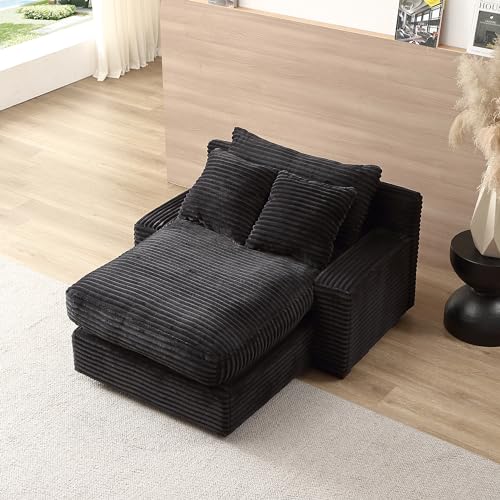 Eafurn Oversized Singel Sleeper Sofa Couch for Living Room Corduroy Upholstered Chaise Lounge Daybed with Thicked Cushions and Throw Pillows for Apartment, Black