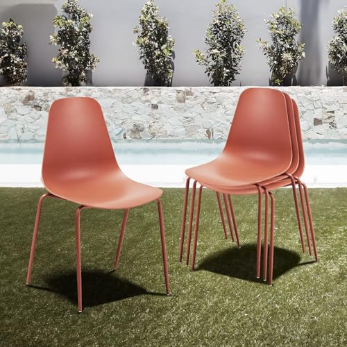 Outdoor Dining Chairs Set of 4, Plastic Stackable Patio Chairs, Modern Kitchen Cafe Chairs with Metal Legs for Garden/Balcony/Dining Room, Orange