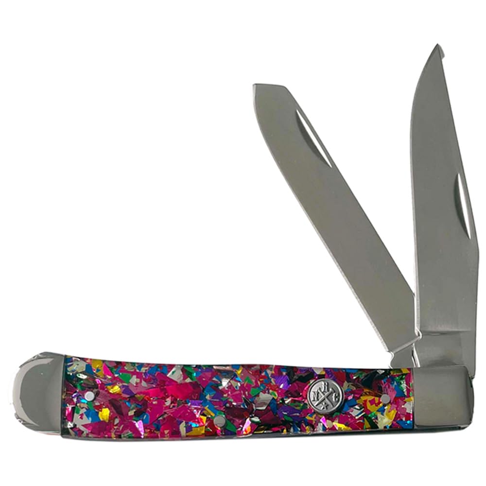 WHISKEY BENT HAT CO. Rusted Nail Traditional Trapper Folding Pocket Knife 4.125" Closed Length 440C Stainless Steel Blades (Pink Infusion)