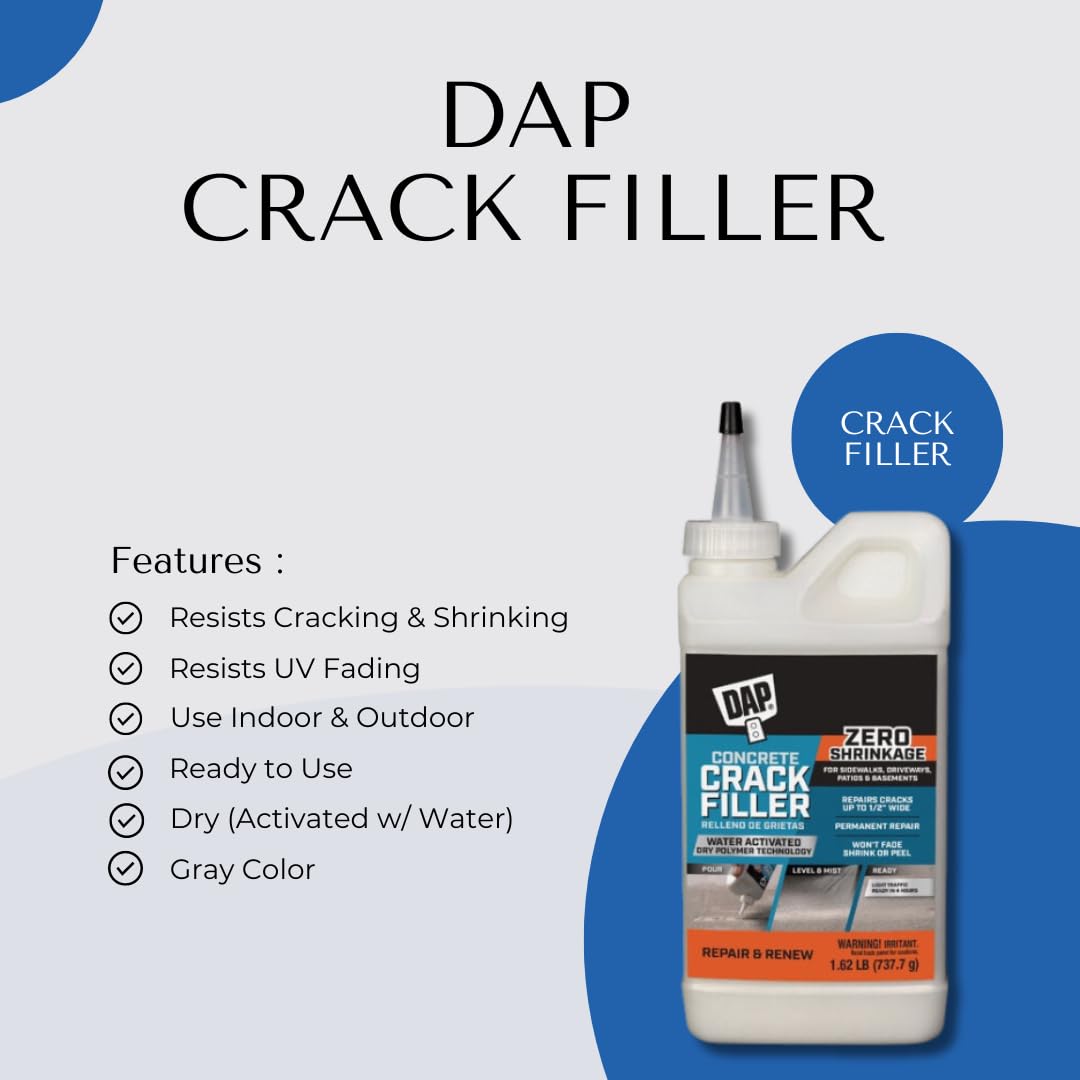 Concrete Crack Repair Kit (Dry)- Bundle with DAP Concrete Crack Filler (1.62 lbs) - Handy Dandy Guide and Putty Knife-Cement Crack Filler- Patio, Sidewalk, Basement, and Driveway Crack Filler(Gray)