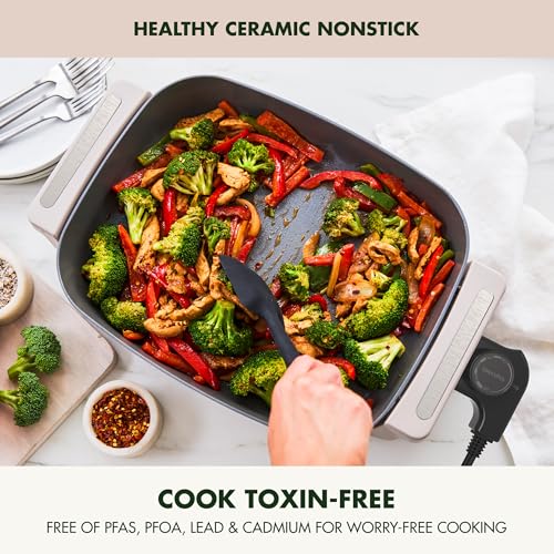 GreenPan Advanced 12” X 15” Electric Skillet with Lid, 7QT Capacity for Family Meals, Healthy Ceramic Nonstick PFAS-Free Coating, Fry, Sauté, Steam, Simmer, Sear, Stir Fry, Dishwasher Safe, Clay