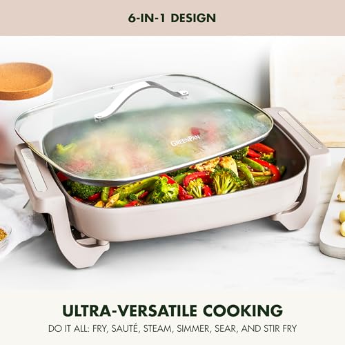 GreenPan Advanced 12” X 15” Electric Skillet with Lid, 7QT Capacity for Family Meals, Healthy Ceramic Nonstick PFAS-Free Coating, Fry, Sauté, Steam, Simmer, Sear, Stir Fry, Dishwasher Safe, Clay