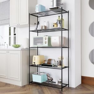 PAPIUTA 3 Tier Storage Shelves, Black Metal Shelf Organizer, Wire Shelving Unit and Storage, Heavy Duty Standing Storage Rack for Kitchen, Pantry, Garage, Bathroom, Room, Basement (Black, 58x34x77)