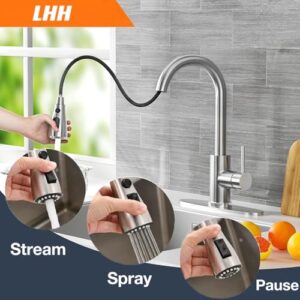 Stainless Steel Single Handle Spring Kitchen Sink Faucets with Sprayer,Contemporary Kitchen Faucet with Pull Down Sprayer, with Deck Plate (Brushed Nickel)