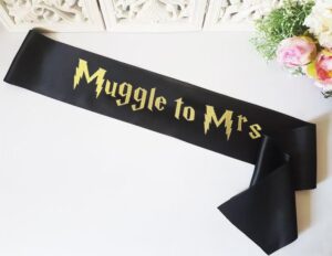 bride to be sash, from muggle to mrs. sash for bachelorette weekend party sash wizard theme sash,engagement party decorations (black)