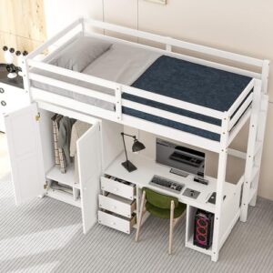 bovza wood twin size loft bed frame with desk and wardrobe, built-in desk with 3 drawers and open cabinet, twin loft bed with desk and storage for kids teens adults, white