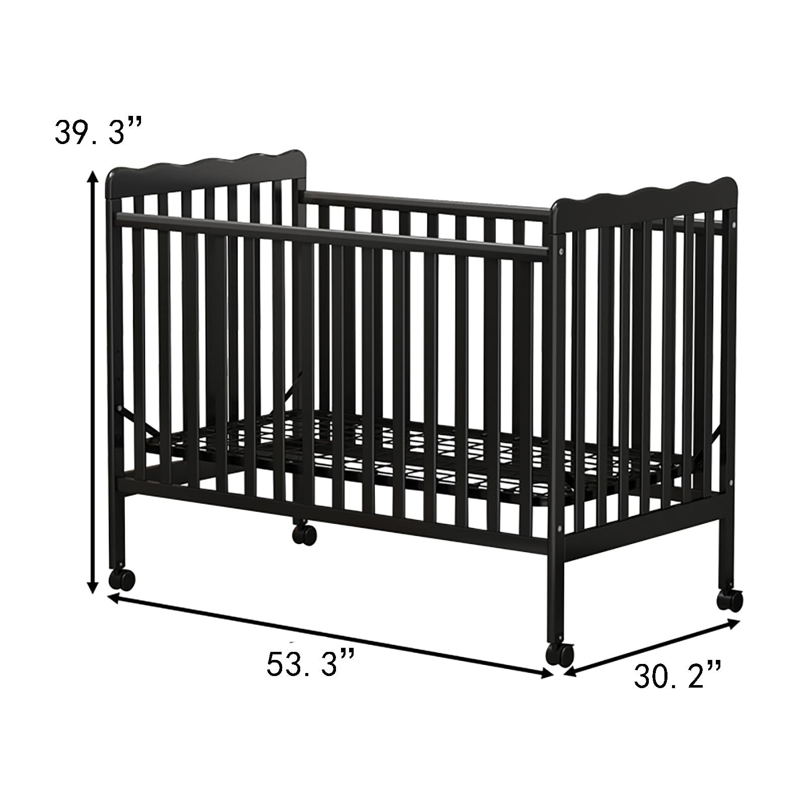 HIROHRTV Baby Crib 3-in-1 Convertible, Modern Baby Bed with Locking Wheels, Convertible Crib to Toddler Bed & Daybed, Wood Cribs for Baby, Nursery, Infant Bed for Small Spaces (Black)