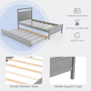 Giantex Trundle Bed Twin, Wood Day Bed Frame with Headboard & Footboard, Wooden Slats Support, Twin Size Pull Out Bed, Twin Bed with Trundle for Kids Teens Adults, Grey