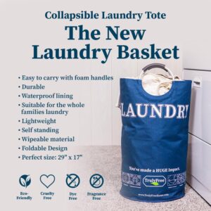 Truly Free Waterproof Laundry Tote - Fabric Hamper with Handles for Bedroom, Dorm, Teen Room - Standing Clothes Basket for Dirty Laundry