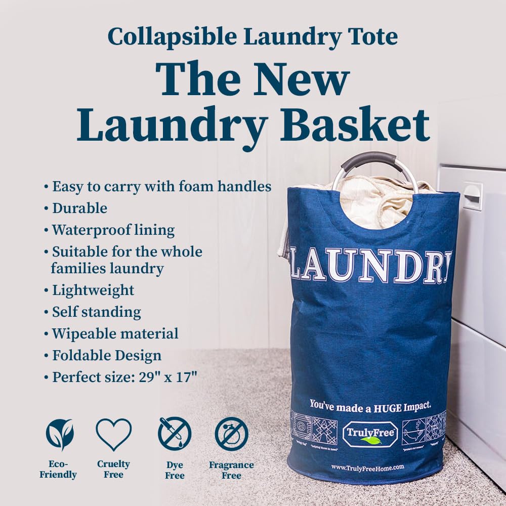 Truly Free Waterproof Laundry Tote - Fabric Hamper with Handles for Bedroom, Dorm, Teen Room - Standing Clothes Basket for Dirty Laundry