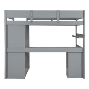 Full Size Loft Bed with Desk, Wardrobe and Drawers, Wood Full Storage Bed Frame with Cabinet and Shelves for Kids Teens Adults, No Box Spring Needed, Easy Assembly (Gray)