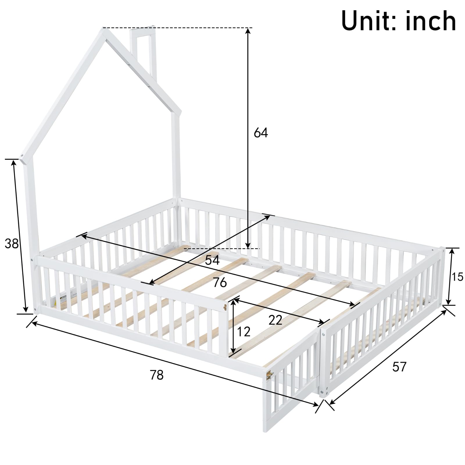 MAKIAAP Full Size Montessori Floor Bed Frame with 12 Inches Height Safety Guardrails and Door,Platform Bed Frame with House-Shaped Headboard for Girls, Boys, Wooden Slat Support, White