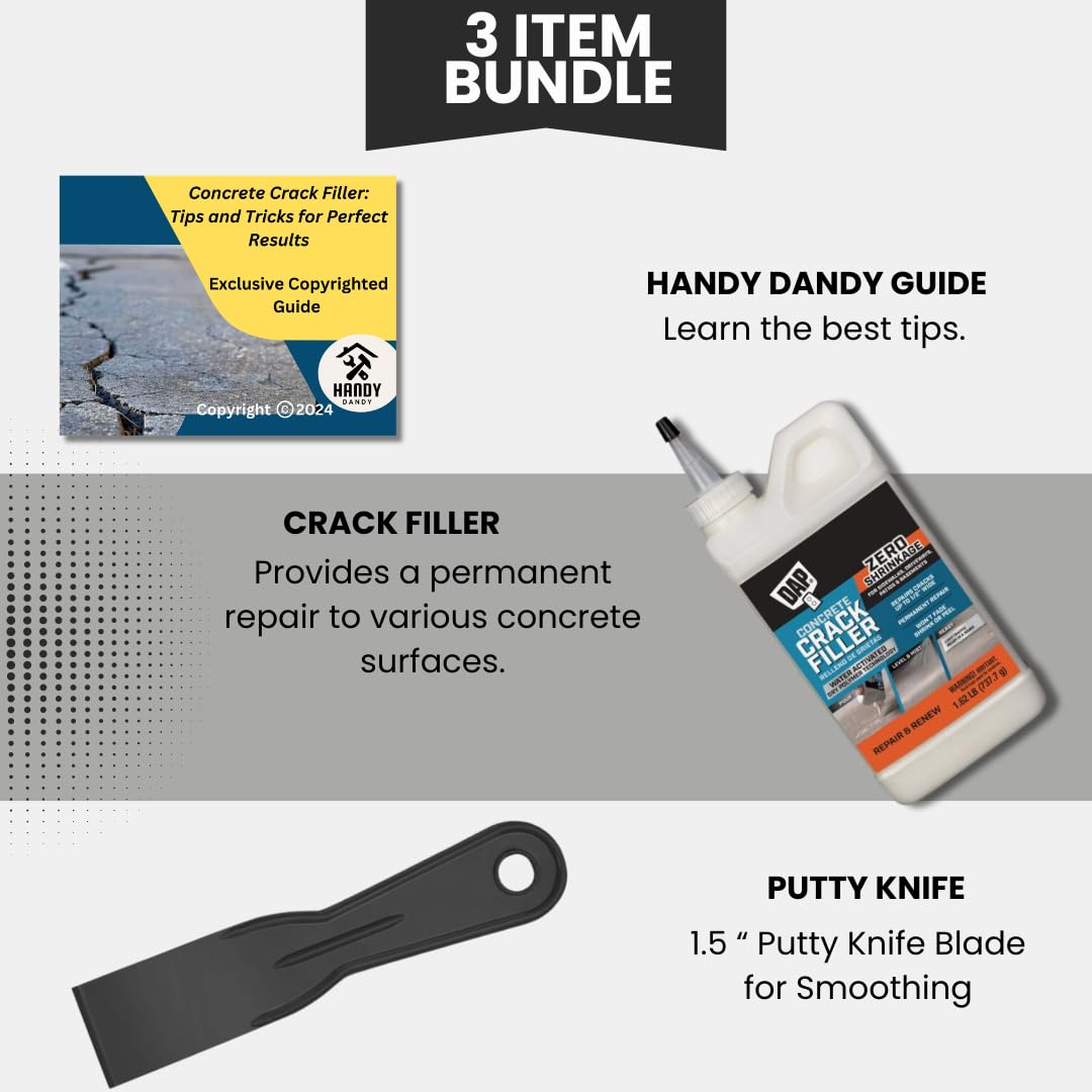 Concrete Crack Repair Kit (Dry)- Bundle with DAP Concrete Crack Filler (1.62 lbs) - Handy Dandy Guide and Putty Knife-Cement Crack Filler- Patio, Sidewalk, Basement, and Driveway Crack Filler(Gray)