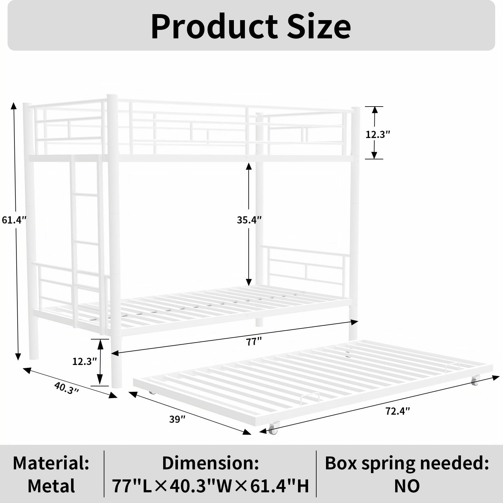 XMRCLP Heavy-Duty Metal Twin Over Bunk Bed with Trundle, Noise Reduced, Safety Guardrail for Bedroom or Guest Room, Kids, 77.00" L, 40.30" W, 61.40" H (White)