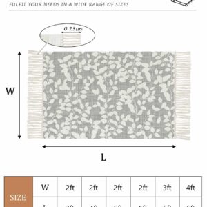 Grey White Botanical Kitchen Runner Rug 2'x4', Washable Woven Cotton Area Rug with Tassels Bathroom Hallway Rug, Pastoral Spring Floral Summer Art Entryway Bedroom Rug Non Slip Throw Rug Carpet