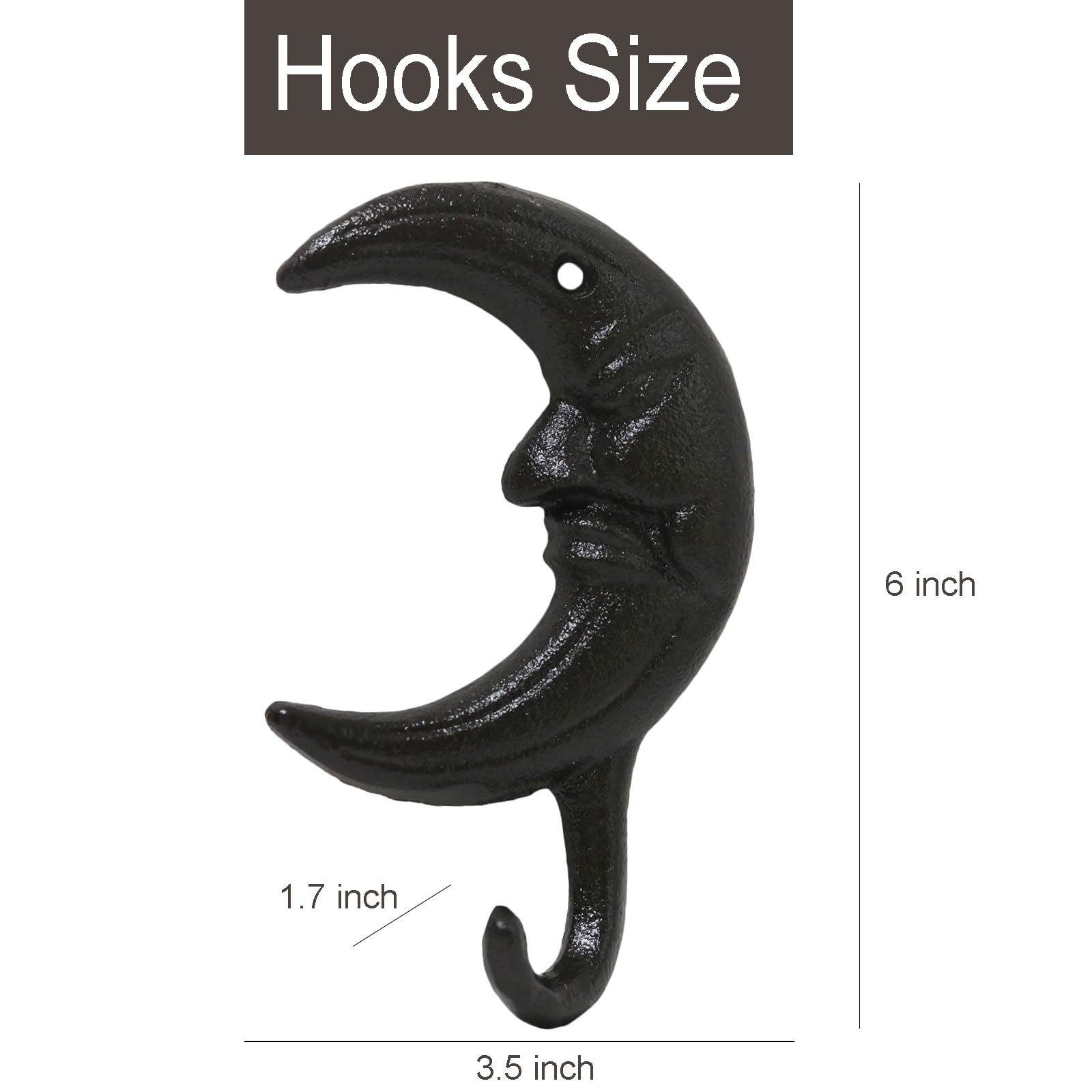 Coat Hooks, 2Pcs Heavy Duty Vintage Cast Iron Hook with Screws for Home Wall Hanging, Wall Mounted Antique Black Hooks for Coat, Scarf, Bag, Towel, Key, Cap (Moon Shape)