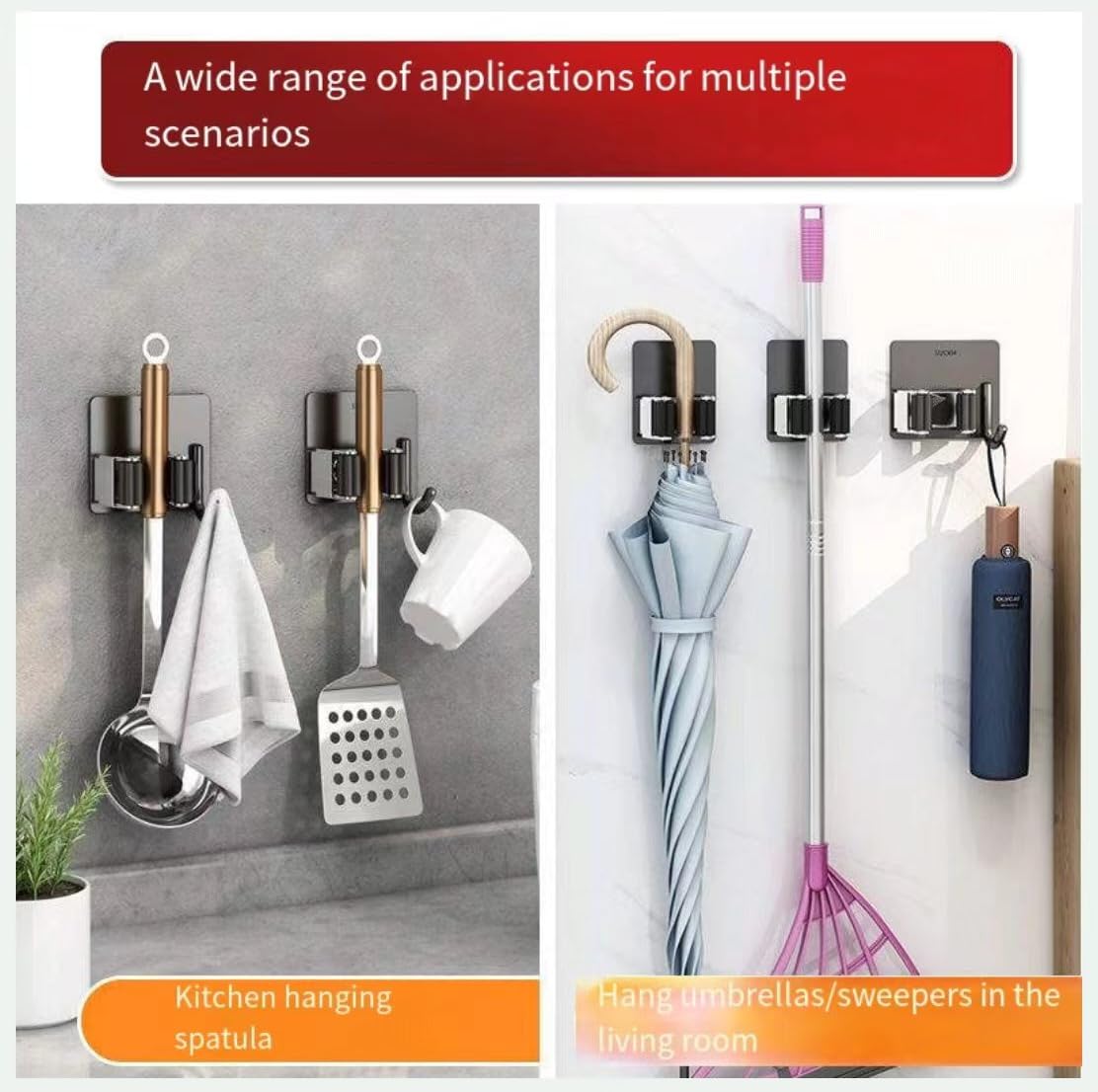 3-pack punch-free stainless steel broom and mop multifunctional rack hooks - self-adhesive and no drilling required - universal for kitchen, bathroom and garden (silver)