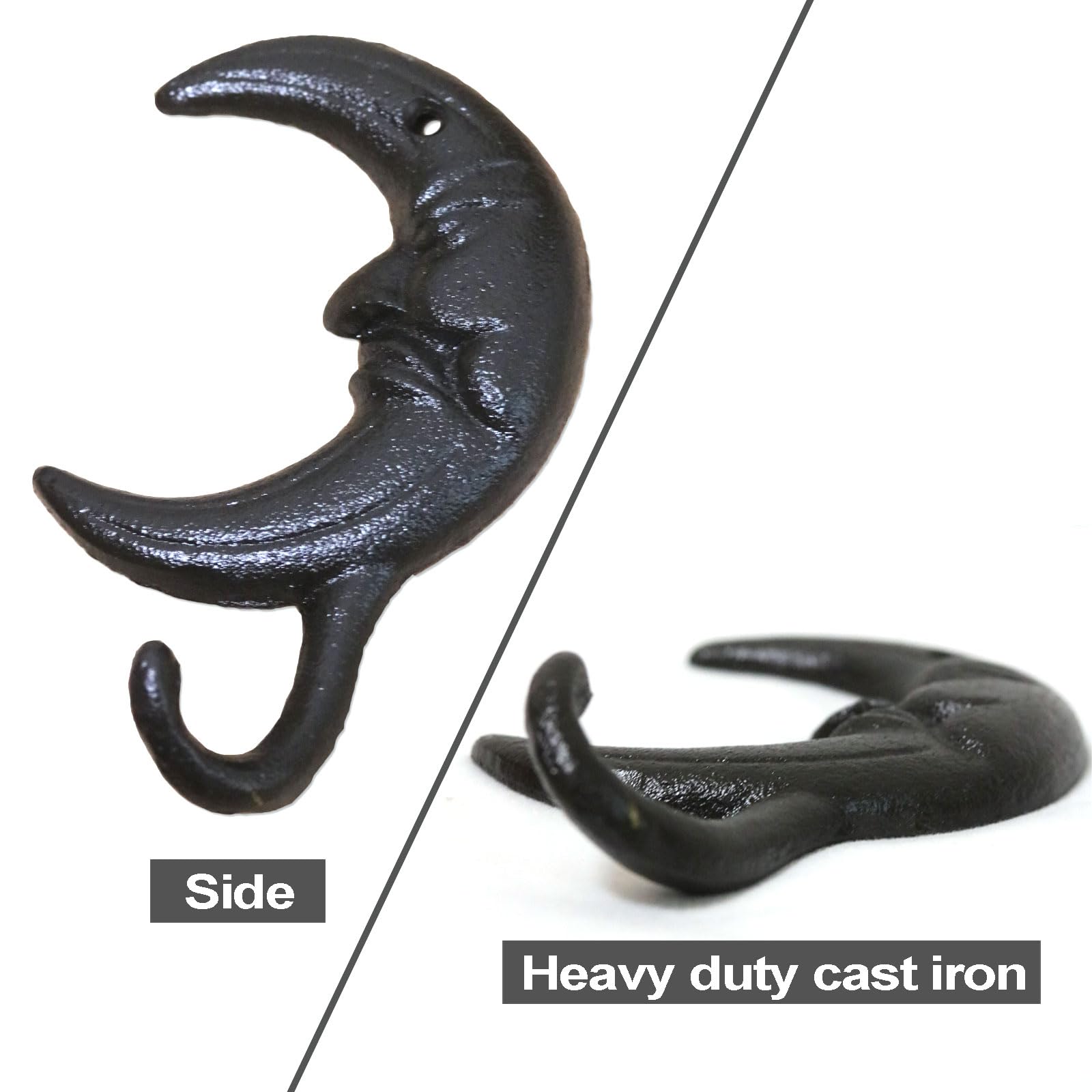 Coat Hooks, 2Pcs Heavy Duty Vintage Cast Iron Hook with Screws for Home Wall Hanging, Wall Mounted Antique Black Hooks for Coat, Scarf, Bag, Towel, Key, Cap (Moon Shape)