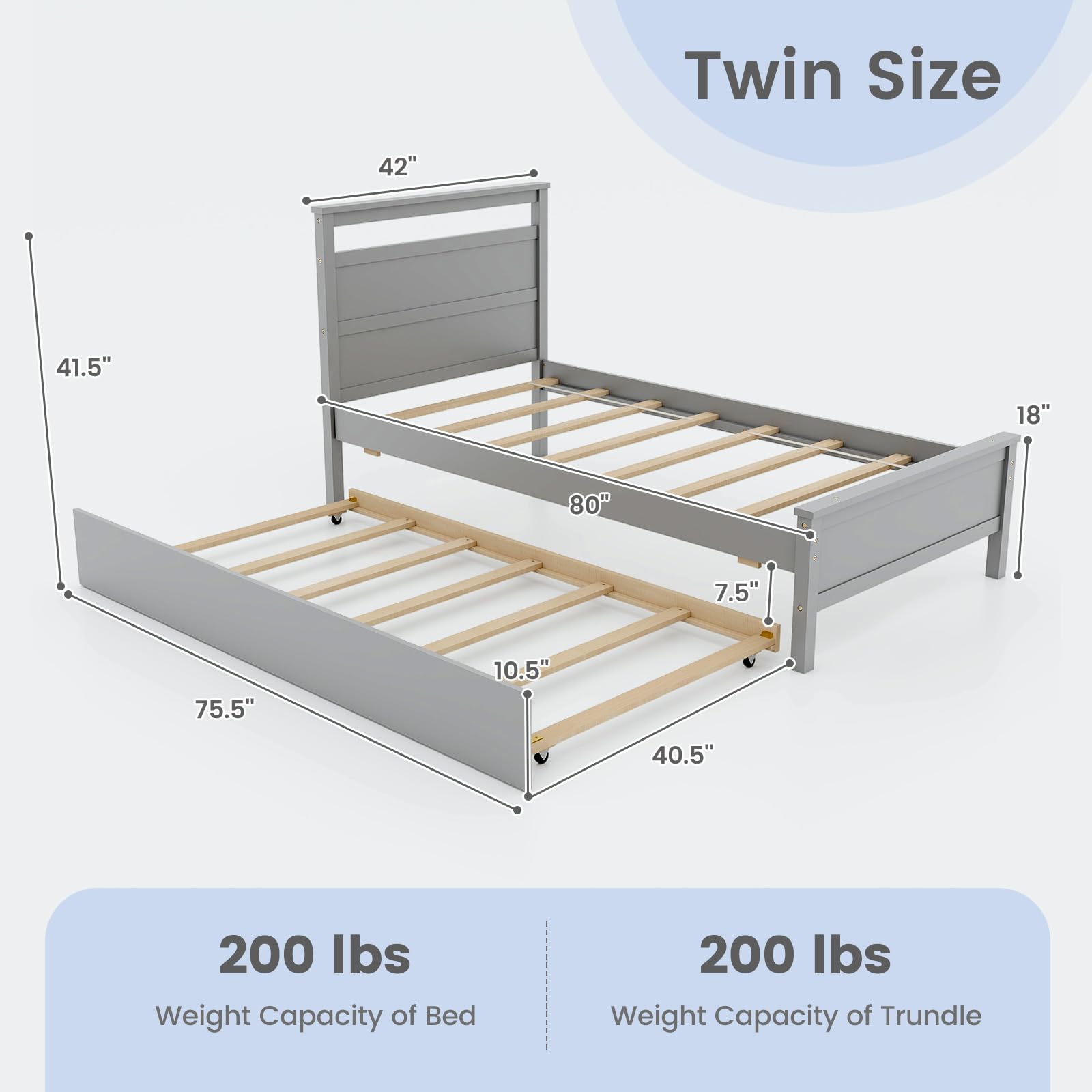 Giantex Trundle Bed Twin, Wood Day Bed Frame with Headboard & Footboard, Wooden Slats Support, Twin Size Pull Out Bed, Twin Bed with Trundle for Kids Teens Adults, Grey