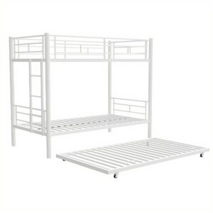 xmrclp heavy-duty metal twin over bunk bed with trundle, noise reduced, safety guardrail for bedroom or guest room, kids, 77.00" l, 40.30" w, 61.40" h (white)