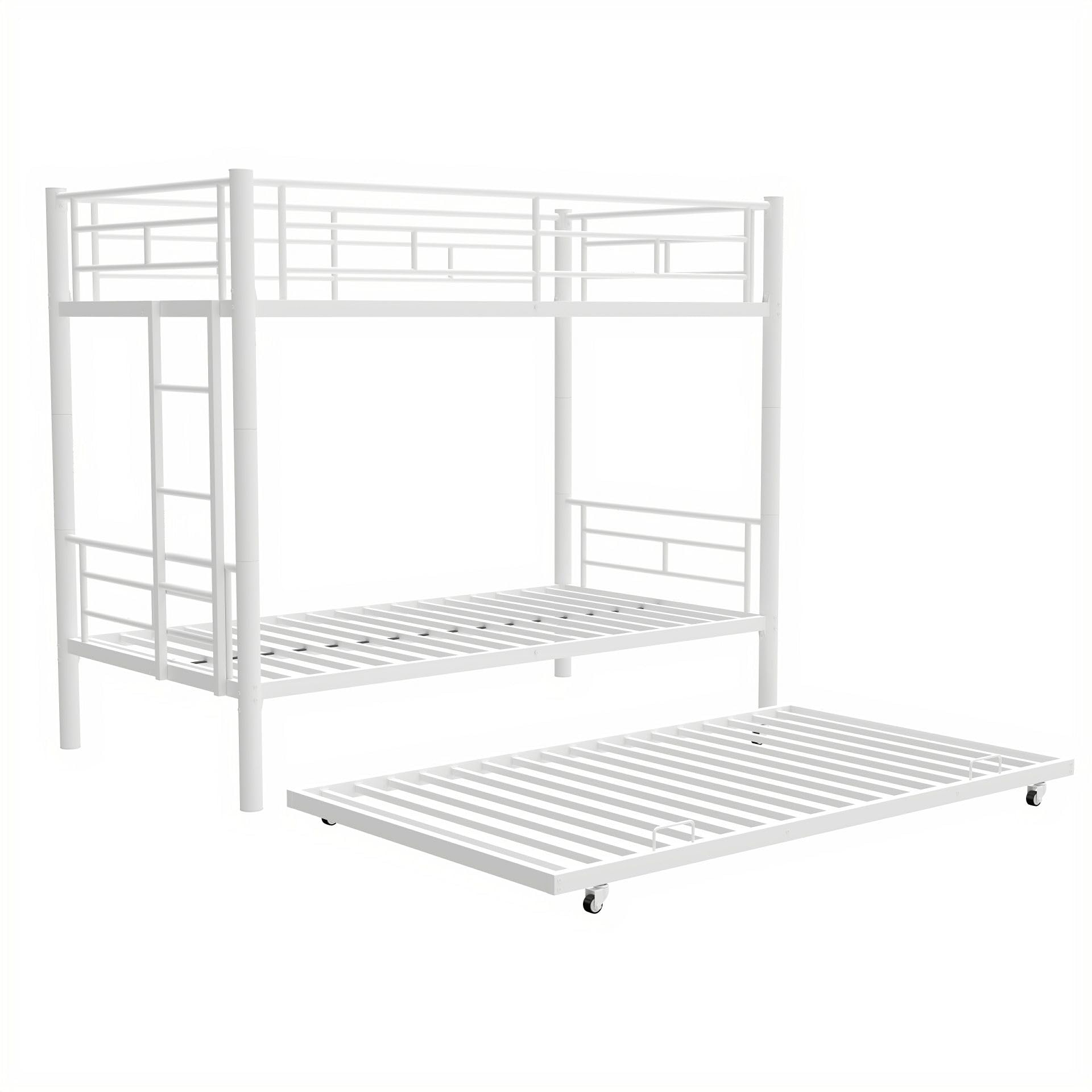 XMRCLP Heavy-Duty Metal Twin Over Bunk Bed with Trundle, Noise Reduced, Safety Guardrail for Bedroom or Guest Room, Kids, 77.00" L, 40.30" W, 61.40" H (White)