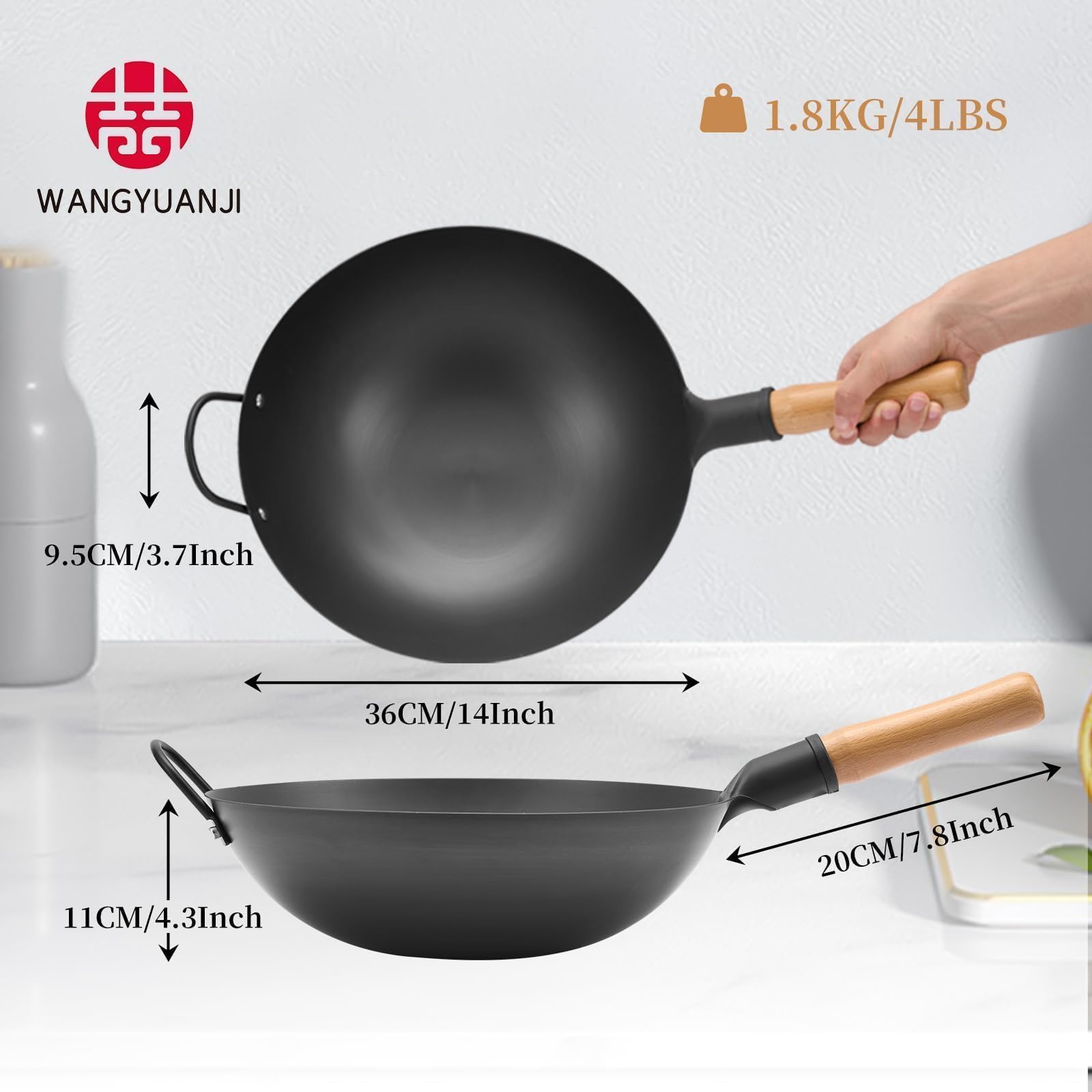 WANGYUANJI Iron Wok, 14.17’’ Traditional Round-Bottom Wok, Chef’s Professional Stir-Fry Pan with Wooden Handle, Chemical-Free Iron Wok for Gas Stoves and Round-Bottom Induction Stovetop