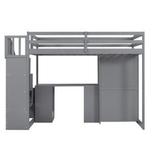 Harper & Bright Designs Twin Loft Bed with Stairs,Desk and Wardrobe, Solid Wood Loft Bed Frame with Storage Drawers, Cabinet, for Kids Teens Adults (Twin Size, Gray)