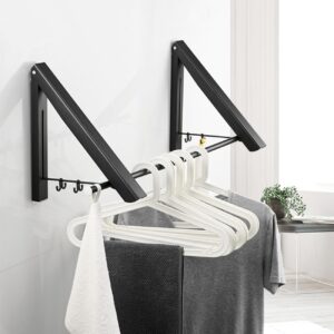 foldable wall mounted drying rack with 80cm extension rod，heavy duty aluminum telescopic clothes hanger for laundry room organisation storage drying hanging clothes with drying rod (2-pack, black)