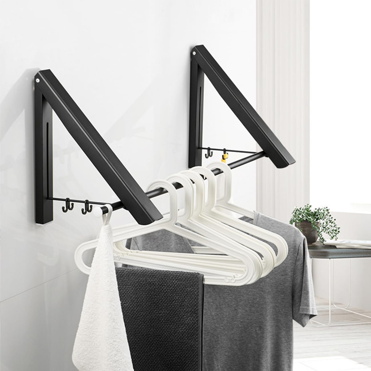 Foldable Wall Mounted Drying Rack with 80CM Extension Rod，Heavy Duty Aluminum Telescopic Clothes Hanger for Laundry Room Organisation Storage Drying Hanging Clothes with Drying Rod (2-Pack, Black)