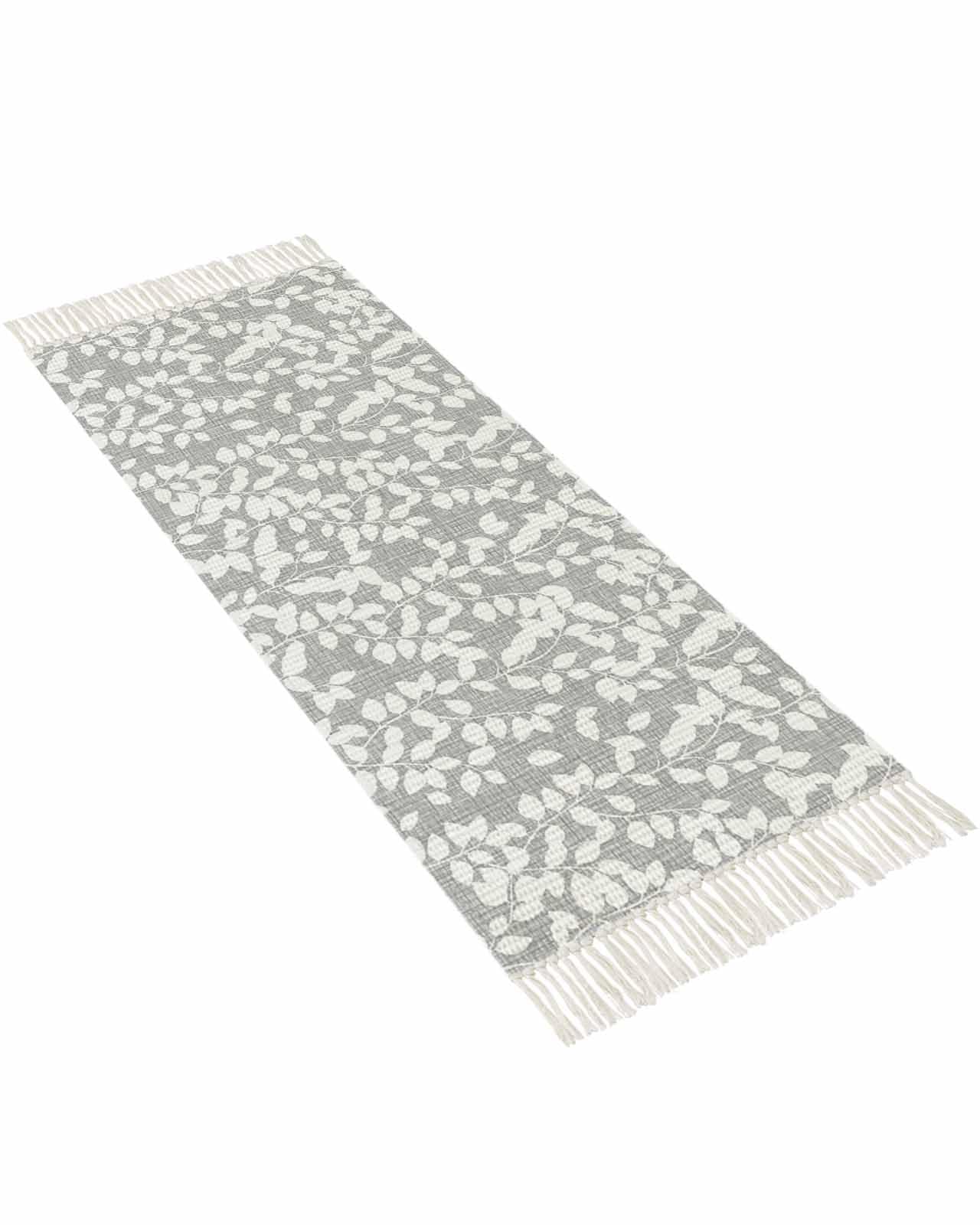 Grey White Botanical Kitchen Runner Rug 2'x4', Washable Woven Cotton Area Rug with Tassels Bathroom Hallway Rug, Pastoral Spring Floral Summer Art Entryway Bedroom Rug Non Slip Throw Rug Carpet