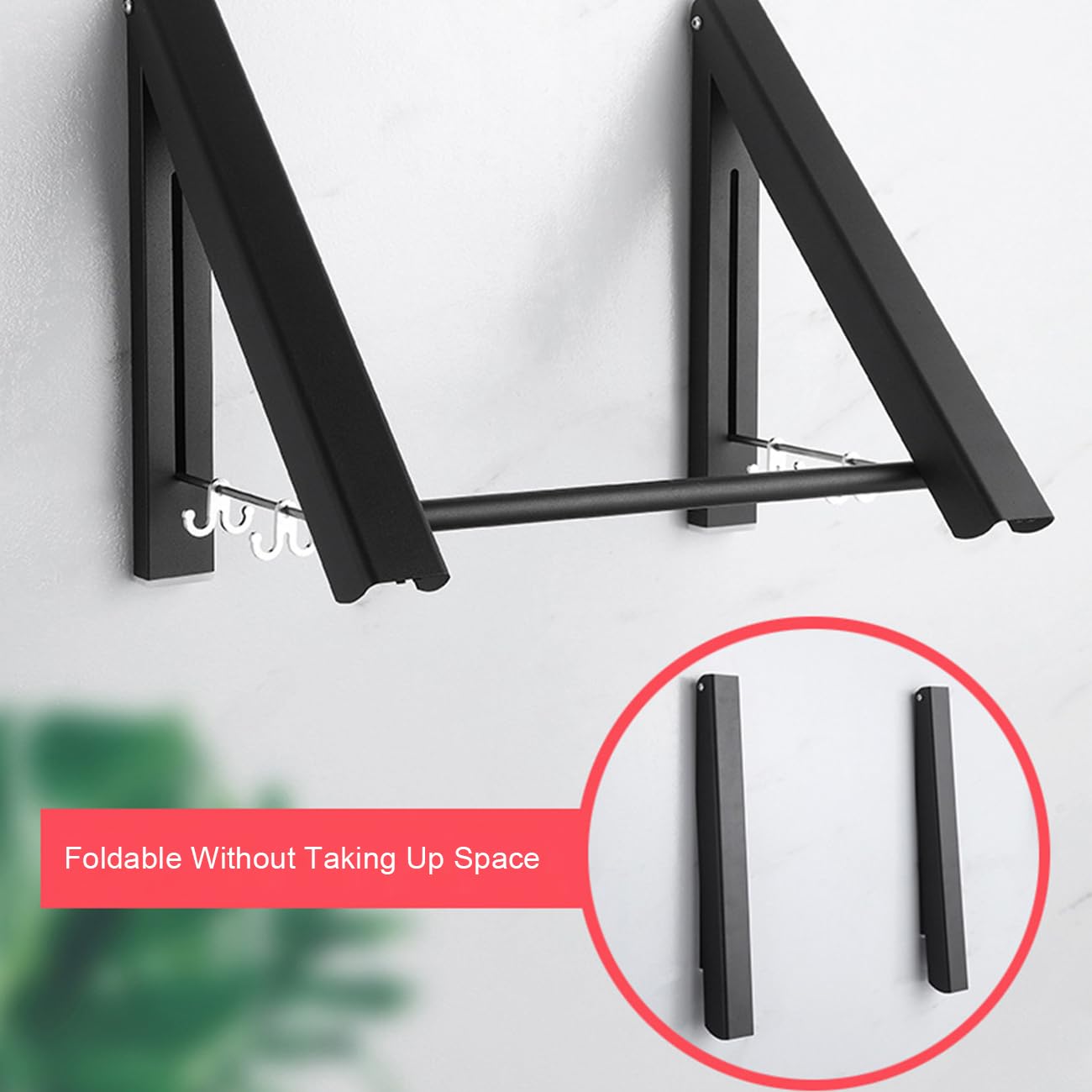 Foldable Wall Mounted Drying Rack with 80CM Extension Rod，Heavy Duty Aluminum Telescopic Clothes Hanger for Laundry Room Organisation Storage Drying Hanging Clothes with Drying Rod (2-Pack, Black)