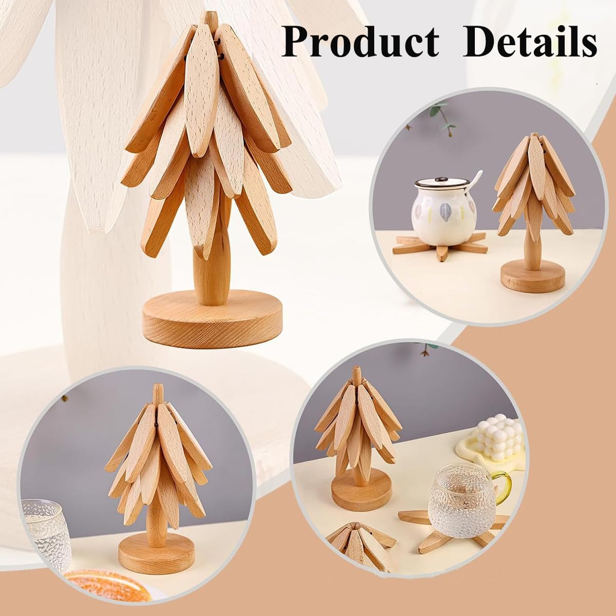 Wooden Trivets for Hot Dishes，Tree Shape Trivet Set，Beech Wood Tree Shape Trivets for Hot Pots and Pans (5 Layers+1 Stand)