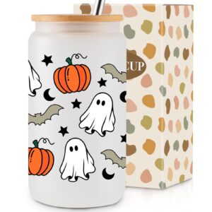 halloween cups mugs pumpkin ghost 16oz iced coffee glass cups with lids and straws cute halloween gifts for women kids teens adults spooky gifts for girls boys halloween tumbler fall smoothie cup