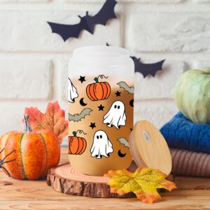 Halloween Cups Mugs Pumpkin Ghost 16Oz Iced Coffee Glass Cups with Lids and Straws Cute Halloween Gifts for Women Kids Teens Adults Spooky Gifts for Girls Boys Halloween Tumbler Fall Smoothie Cup