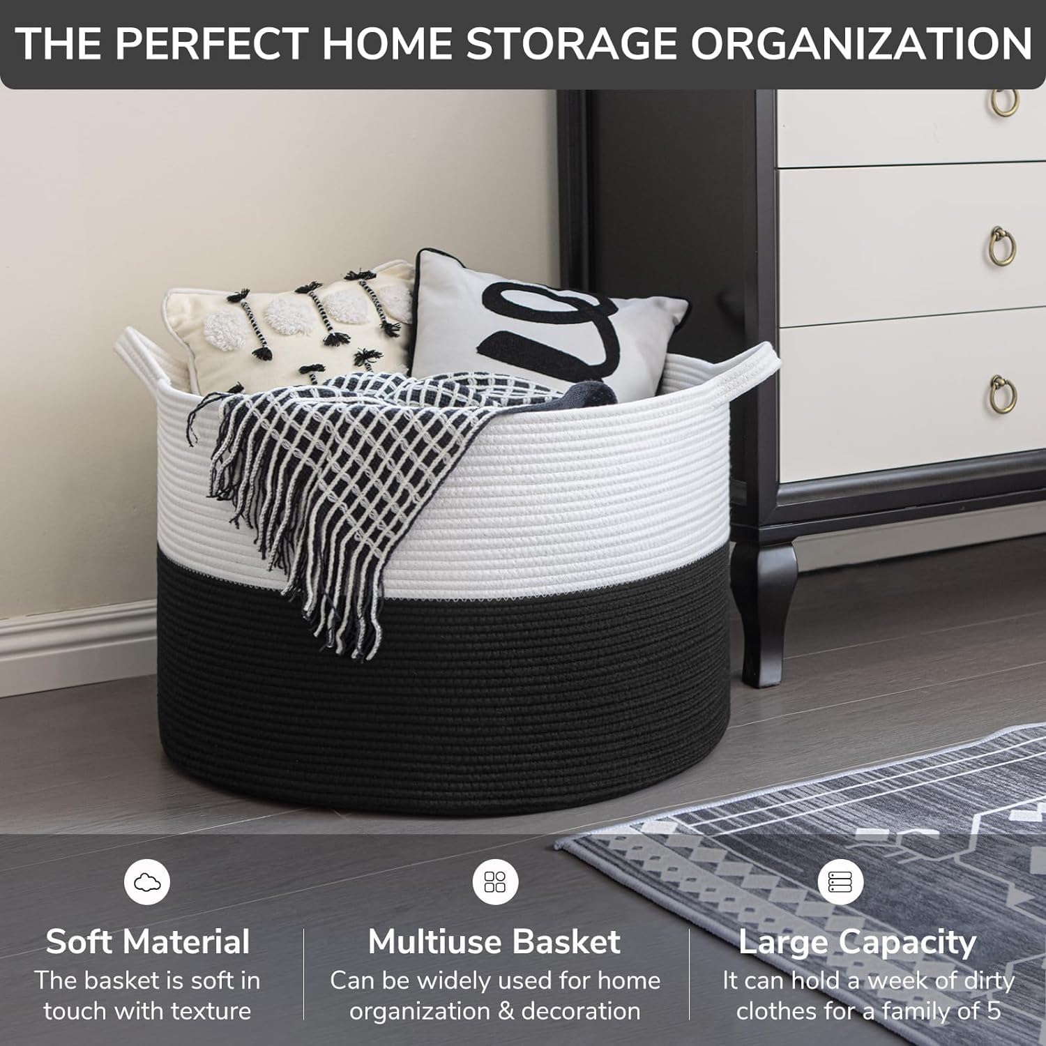 Extra Large Round Cotton Rope Storage Basket, Oversized Blanket, Laundry & Toy Bin Organizer