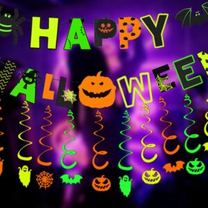 MEILINJIAN Happy Halloween Decorations Banner,Glow in the Dark Halloween Decorations Neon Glow Halloween Sign for Glow in the Dark Halloween Party,Black Light Party