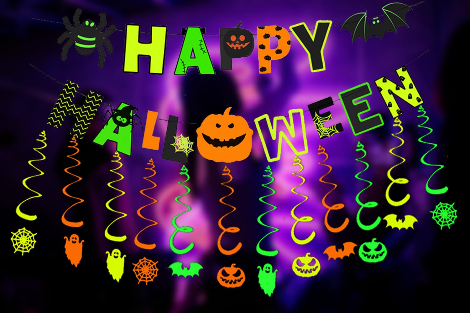 MEILINJIAN Happy Halloween Decorations Banner,Glow in the Dark Halloween Decorations Neon Glow Halloween Sign for Glow in the Dark Halloween Party,Black Light Party