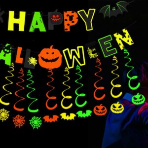 MEILINJIAN Happy Halloween Decorations Banner,Glow in the Dark Halloween Decorations Neon Glow Halloween Sign for Glow in the Dark Halloween Party,Black Light Party