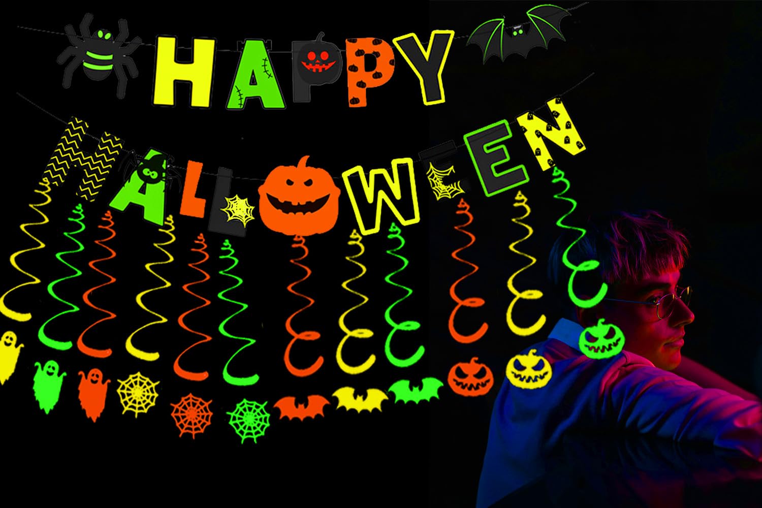 MEILINJIAN Happy Halloween Decorations Banner,Glow in the Dark Halloween Decorations Neon Glow Halloween Sign for Glow in the Dark Halloween Party,Black Light Party