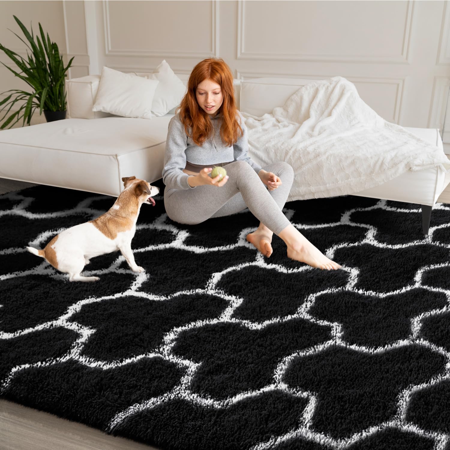 EVOIONOS Black White Area Rugs for Living Room, 3x5 Feet Fluffy Geometric Rug for Bedroom, Plush Shaggy Soft Indoor Floor Carpet for Kids Room Home Decor, Upgrade Non Slip Washable Aesthetic Rug