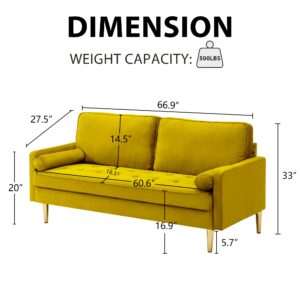 SZLIZCCC 67" LoveSeat Sofa, Love Seat Couch, Mid Century Modern Couchs Velvet Fabric Pull Dot Design Sofas with Two Round Pillows for Small Spaces, Living Room, Dorm, Bedroom, Apartment (67 Yellow)