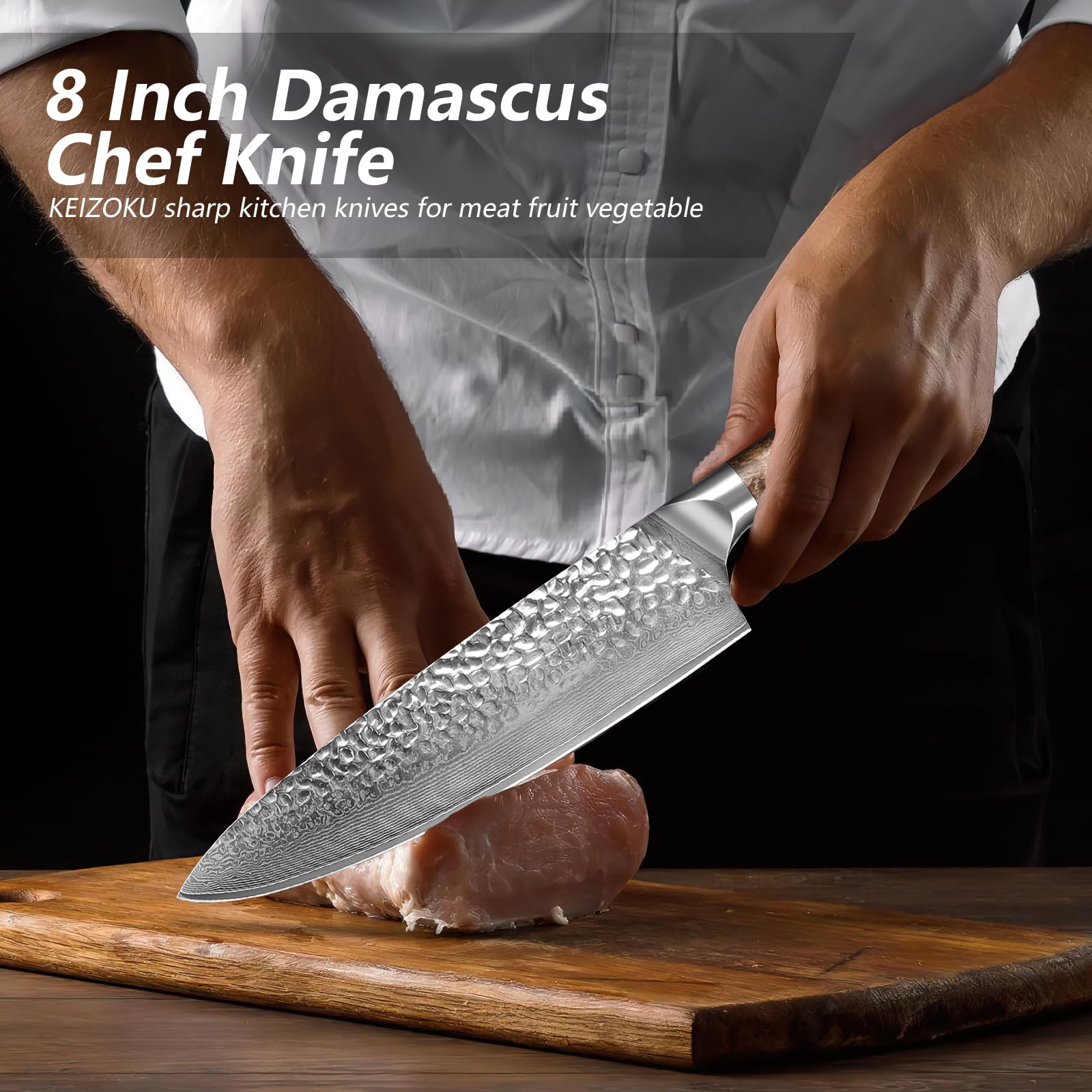 KEIZOKU Damascus Chef Knife, 10Cr15MOV Japanese Kitchen Knives Set with Full Tang G10 Handle, Professional Chef Knife for Kitchen, Sheath & Gift Box (8 Inch Chef Knife)