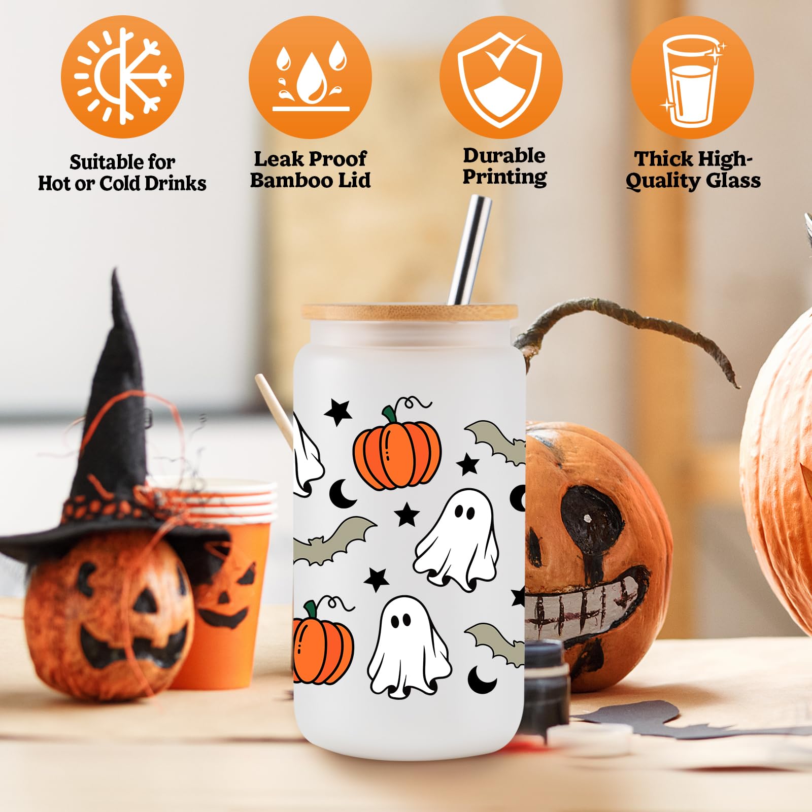 Halloween Cups Mugs Pumpkin Ghost 16Oz Iced Coffee Glass Cups with Lids and Straws Cute Halloween Gifts for Women Kids Teens Adults Spooky Gifts for Girls Boys Halloween Tumbler Fall Smoothie Cup