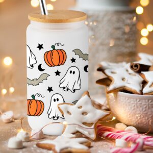 Halloween Cups Mugs Pumpkin Ghost 16Oz Iced Coffee Glass Cups with Lids and Straws Cute Halloween Gifts for Women Kids Teens Adults Spooky Gifts for Girls Boys Halloween Tumbler Fall Smoothie Cup