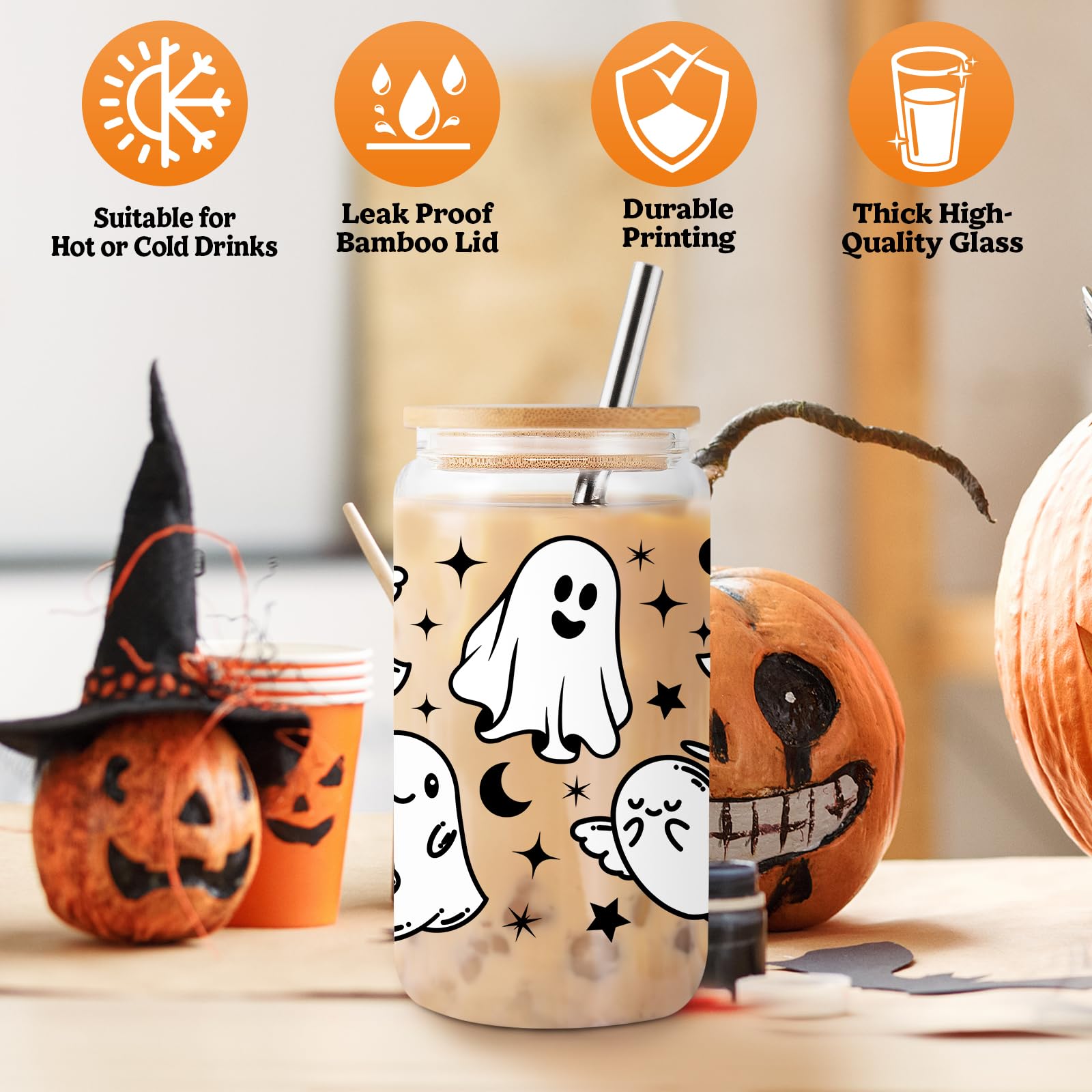 COCOGIFTS Halloween Cups Mugs Ghost 16Oz Iced Coffee Glass Cups with Lids and Straws Cute Halloween Gifts for Women Kids Teens Adults Spooky Gifts for Girls Boys Halloween Tumbler Smoothie Cup